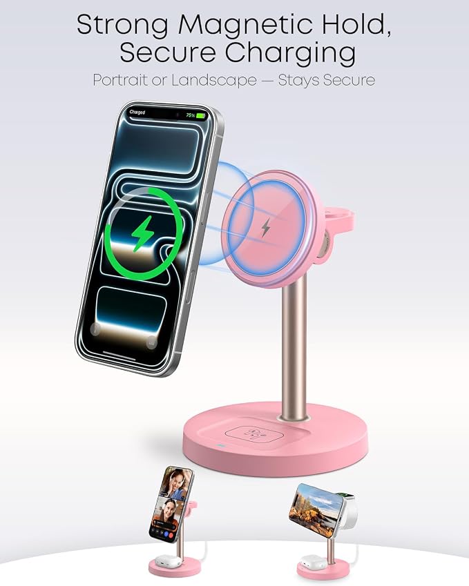 3 in 1 Magnetic Wireless Charging Station, 15W Charger for iPhone, Pink | Compatible with iPhone 12-17 Series, Apple Watch & AirPods, Charges 3 Devices Together, 18W Adapter Included, 3-Year Warranty