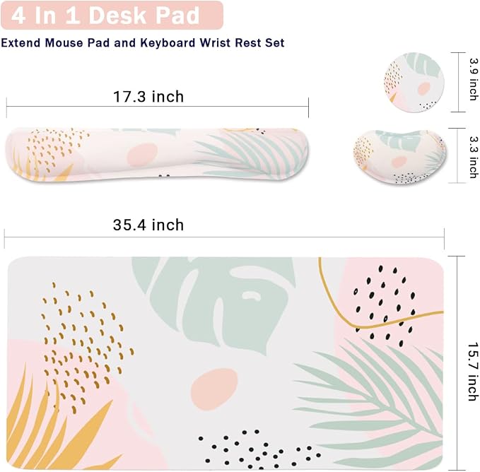 Keyboard Mouse Pad Set, Extended Mouse Pad+Keyboard Wrist Rest Support, Memory Foam Ergonomic Easy Typing, 3Pcs (35.4×15.7 in) Desk Pad Set for Home Office Study Game-Plant