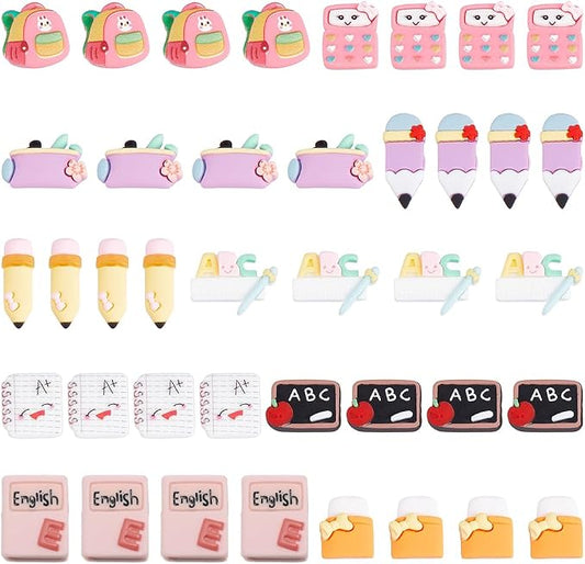 SUNNYCLUE 100Pcs 10 Styles School Cabochons Resin Charms Back to School Supplies Pencil Eraser Blackboard Ruler 3D Cabochons for Embellishments Flat Back Scrapbooking Hair Clips DIY Crafts for Adult