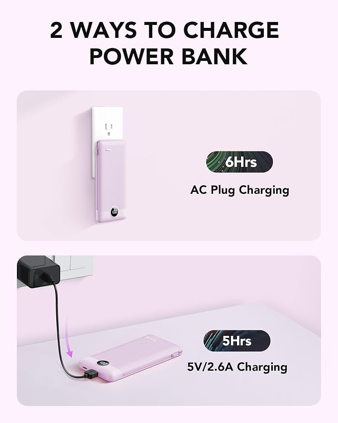 VRURC Portable Charger Built-in Cables and AC Wall Plug,Power Bank 10000mAh | Travel Essentials Phone Charger Compact Lightweight External Battery Pack for Smart Phones, Tablets etc (Purple)