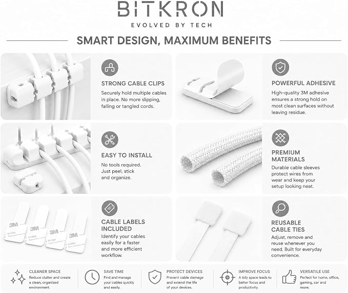 Cable Management Kit for Desk, 34-Piece, Black, Magnetic Organizer, Silicone Clips, Velcro Straps, Sleeve Wrap, Adhesive Cord Holders Office, Home & Gaming Setup WHITE (white)