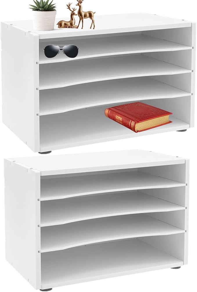 Gdrasuya10 Office Desk Organizer Shelf 2Pcs File Holder Mail Sorter Paper Organizer for Desk 4 Compartments Letter Tray Home & Office Mailbox School Desktop Adjustable Shelves, White