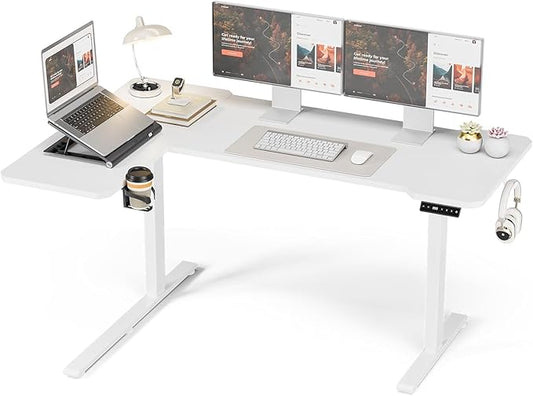 Acrolix L Shaped Electric Standing Desk - 59x40 Inch Reversible Corner Sit Stand Desk with Hook&Cup Holder,Electric Height Adjustable Table,for Home Office Gaming Computer Desk, White