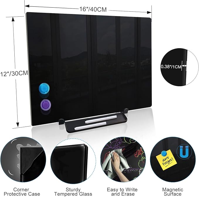 Black Magnetic Glass Board Desktop Easel, 16x12 Black Dry Erase Board for Desk, Tabletop Glass Whiteboard on Adjustable Stand, ZHIDIAN Portable Tempered Glass Board for Office Home