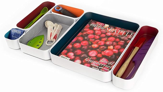 Three by Three Seattle Metal Drawer Organizer Tray Set, 6-Pc (Berry Mix) | Deep 2" food-safe colorful metal bins; soft non-scratch base; kitchen, vanity, bathroom & office drawer storage