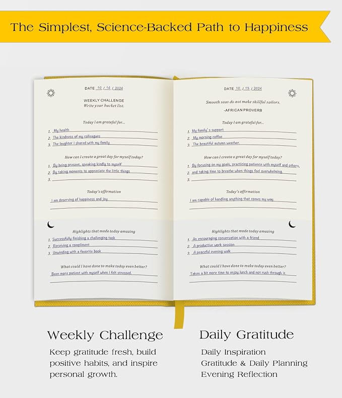 The Original Gratitude Journal with Inspiring Prompts & Quotes for Mindfulness, Reflection & Personal Growth - Daily Wellness Journal for Men & Women - Luxurious Linen Yellow Cover