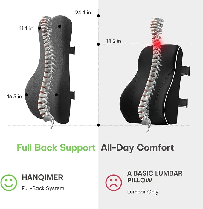 Back Support for Office Chair, 24" Full Back Memory Foam Cushion | No Forward Push Design • Lumbar & Back Pain Relief • Extended Upper Back & Neck Comfort • Dual Adjustable Straps