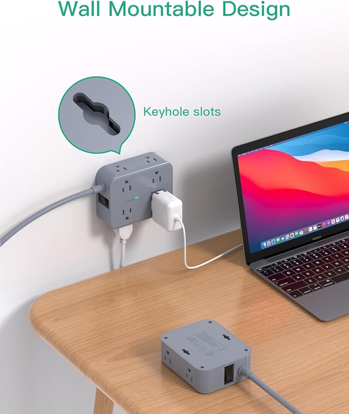 Power Strip Surge Protector - Flat Plug, Wall Mount, 8 Wide Outlets with 4 USB Ports (2 USB C), 5FT Heavy Duty Extension Cord with Multiple Outlets, Charging Station Home Dorm Office Accessories Gray