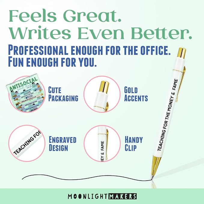 Moonlight Makers - Set of 5 Ballpoint Pens Black Ink- Engraved Funny Pens for Adults - Antisocial Social Club Adult Gifts - Ideal Desk Decor for Work & Office Desk - Cute Packaging, Handy Clips