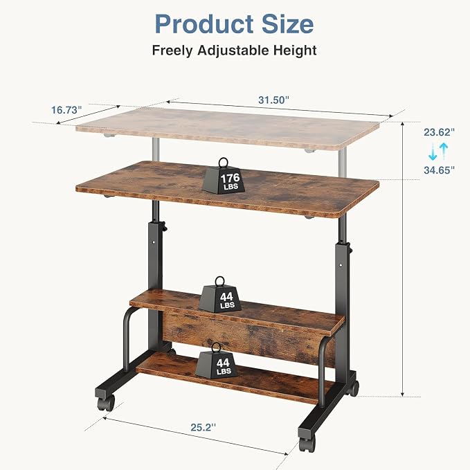 Simple Deluxe 31.5" Manual Standing Desk, Height Adjustable Mobile Computer Desk with Lockable Wheels & 2-Tier Storage, Rolling Laptop Table for Small Spaces & Home Office, Brown