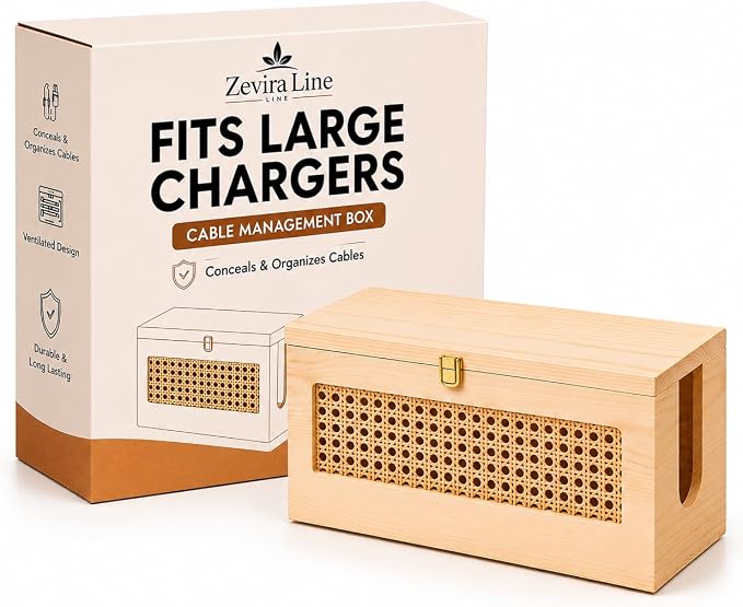 Wood Cable Management Box - 15 x 6.5 x 6.3 in - Power Strip Cord Organizer