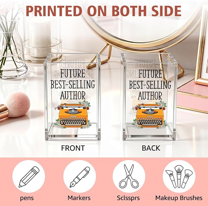 Funny Future Best-Selli Author Acrylic Pencil Holder Cup for Writer | Typewriter Pen Holder Home Office Desk Organizer, Inspirational Gifts for Authors Novelist Book Lover, Desk Accessories