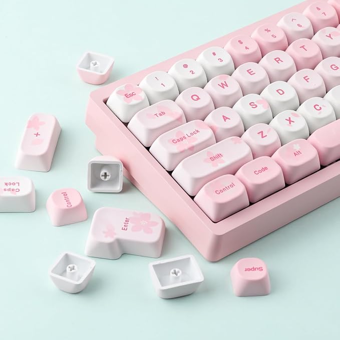 Tsungup MOA Keycaps-Pink Sakura,129 Keys Cute PBT Custom Cherry Blossom Keycaps 100 Percent,Dye Sub Key Caps Keyboard Keycap Set for MX Switches Mechanical Keyboard(only keycap)