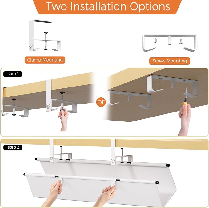 Under Desk Cable Management Tray, 28" Fabric Wire Cord Organizer, White | No Drill Under Table Wire Organizer with 16X Cable Ties for Office/Home, Cord Hider Fit Adapters & Sockets, Clamp/Screw Mount