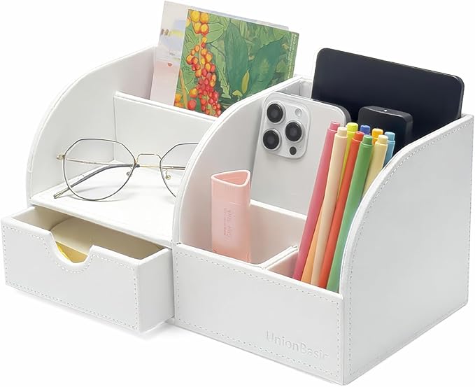 UnionBasic Desk Organizer - Multifunctional Leather Desktop Pen Holder Storage Box - Business Card/Pen/Pencil/Mobile Phone/Stationery Holder, White