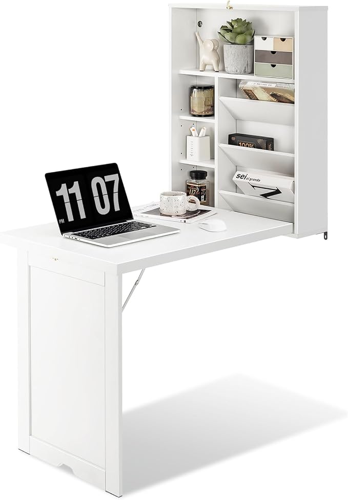 Wall Mounted Desk, Fold Out Convertible Desk with Storage Shelves, Space Saving Wall Folding Table, Home Office Floating Desks for Small Spaces (White)