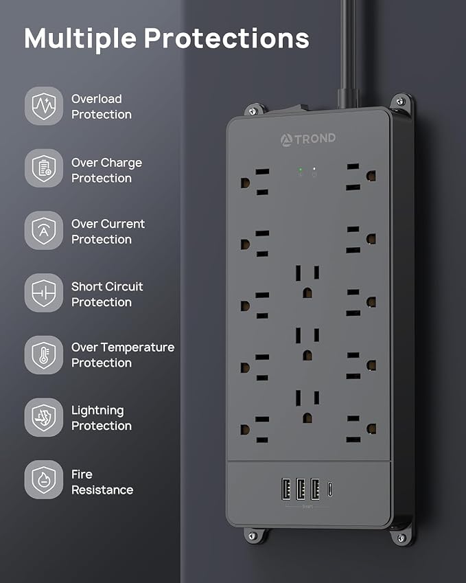 TROND Power Strip Surge Protector 10 ft Cord, 4000 Joules, ETL Listed, 13 Widely-Spaced Outlets Expansion with USB C Ports, Low-Profile Flat Plug, Wall Mount, Extension Cord, 14AWG Heavy Duty, Black
