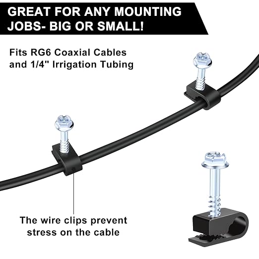 Cable Clips with Screws Fastener 1/4 Inch (6 mm) - All Weather Wire Clips for Coaxial, Ethernet,Electrical Cables,Brick/Stucco Siding Clips, UV-Resistant for Outdoor Wall Mount,50 Pack,Black