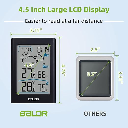 BALDR Indoor Outdoor Thermometer Wireless, Battery Powered Weather Station Indoor Outdoor with Clock, Portable Outside Temperature Monitor for Home Patio