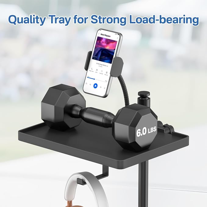 Functional Microphone Stand Tray with Adjustable Mic Stand Phone Holder - 8.7"x6.5" Mic Stand Tray Shelf Clamp-On Music Stand Accessory for Live Streaming Karaoke Recording