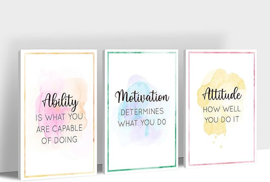 3 Piece Inspirational Wall Art - Ability Motivation Attitudes Quotes Canvas Art Print for Men Room Decor, Office Wall Art Picture, Motivational Poster Framed Artwork for Home Office Decor 12”x18”x3Pcs