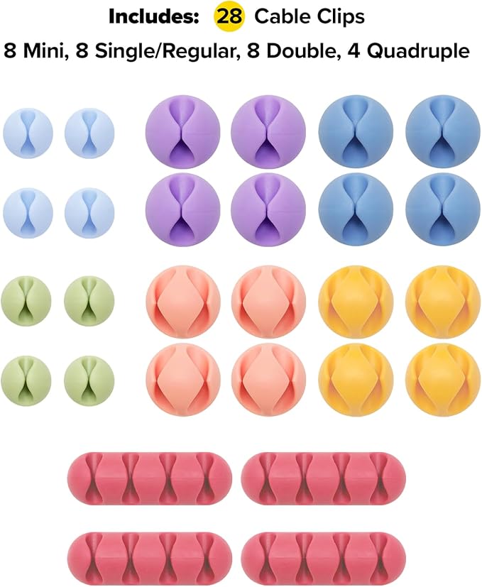 Wrap-It Storage Cable Clips - (Assorted 28-Pack) Macaron | Desk and Nightstand Cable Holder for Phone and Bedside Table Cord Organizer