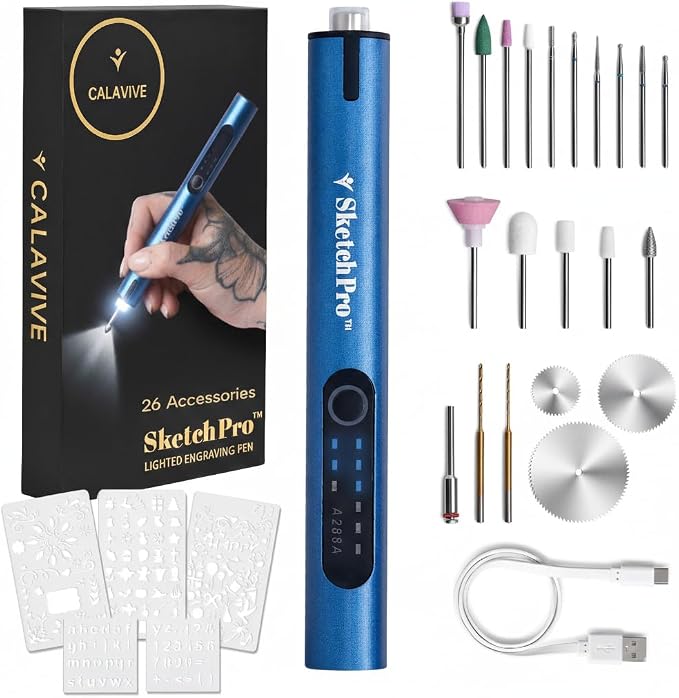 SketchPro Cordless Engraving Pen with LED Light – 3-Speed Precision Etching Tool for Wood, Metal, Glass & Plastic – USB-C Rechargeable, 26 Accessories – Ideal for DIY, Jewelry & Craft Projects