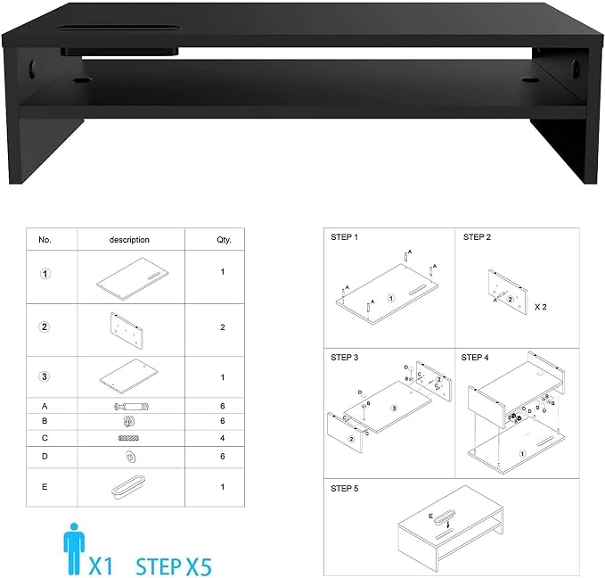 BONTEC Wood Monitor Stand Riser, 2-Tier Desktop Organizer with Storage, Ergonomic Computer Stand for Desk, Cable Management, Cellphone Holder, 21.3 Inch Shelf, Black
