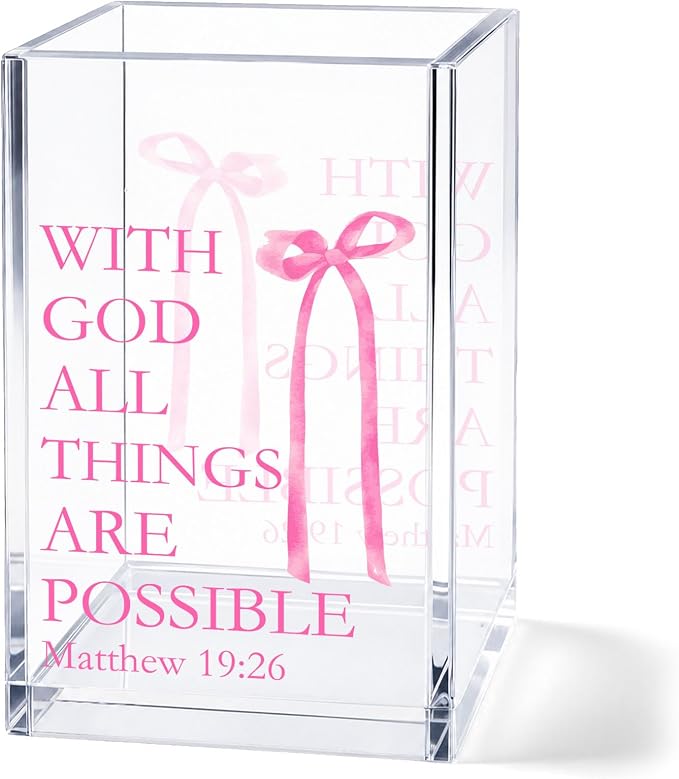 Pink Bow Acrylic Pen Holder Cup, Coquette Christian Desk Decor, Inspirational Bible Verse Pencil Holder, Cute Office Desk Organizer, Gift for Women