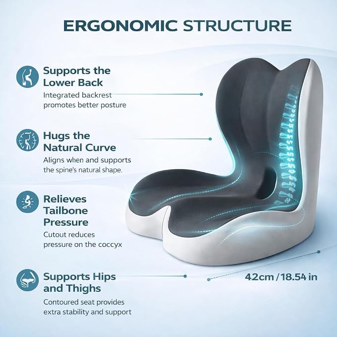 MOYEE Wide Memory Foam Seat Cushion with Lumbar Support for Office Chair & Car Seat, Ergonomic Design for Long Sitting, Gradual Relief & Lasting Support for Back, Tailbone & Sciatica Pain