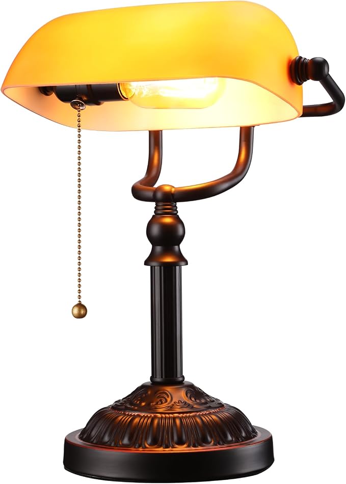 TORCHSTAR Amber Glass Bankers Desk Lamp with Pull Chain, E26 Base | Retro Weighted Base, Antique Traditional Library Lamp for Office Study Room, Bulbs not Included
