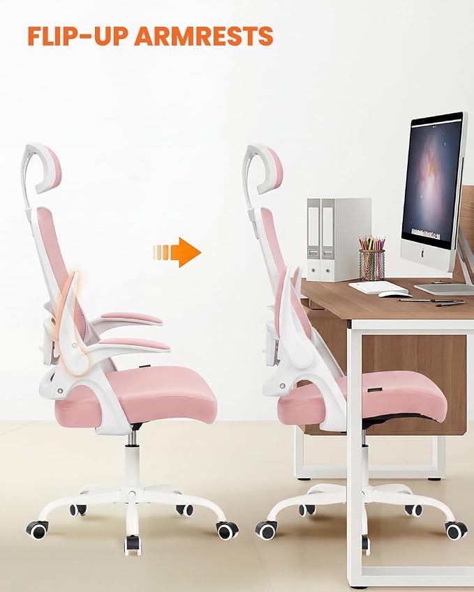 NEO CHAIR Office Chair High Back Desk Mesh Chair Comfy Computer Gaming Seat with Adjustable Ergonomic Headrest Lumbar Rolling Flip-up Armrests and Wheels (Pink)