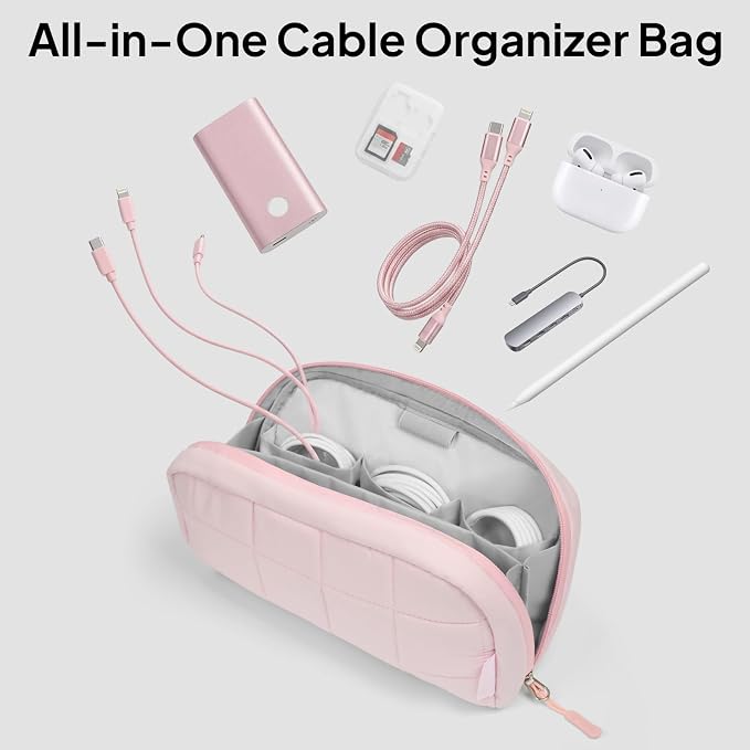 TOPEAST Quilted Cable Organizer Bag, Soft Tech Pouch & Travel Electronics Case with Elastic Pen Loop, Tangle-Free Cord Organizer for Women, Office Desk, AirPods, Chargers & Accessories, Pink