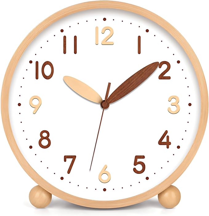 Maxspace Wooden Table Clock,8in Silent Non-Ticking Desk Clock,Battery Operated Desktop Analog Clock for Living Room Bedroom Kitchen Office Classroom Decor (Log - Double Wood Font)