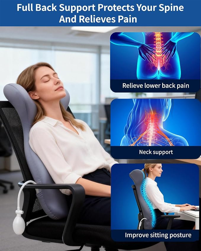 27.7'' Adjustable Airbag Full Back Lumbar Support Pillow, Back Pain Relief | High Memory Foam Lumbar Cushion for Office Chair Upper Lower Back Pain Relief, Improves Posture for Desk, Gaming Chair, Couch