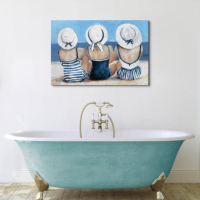 Vintage Beach Wall Art Coastal Bathroom Decor for Girl Navy blue and White Tropical Ocean Seascape Canvas Prints Picture Retro Swimsuit Woman Nautical Artwork for Bedroom Living Room Decoration 24x36"