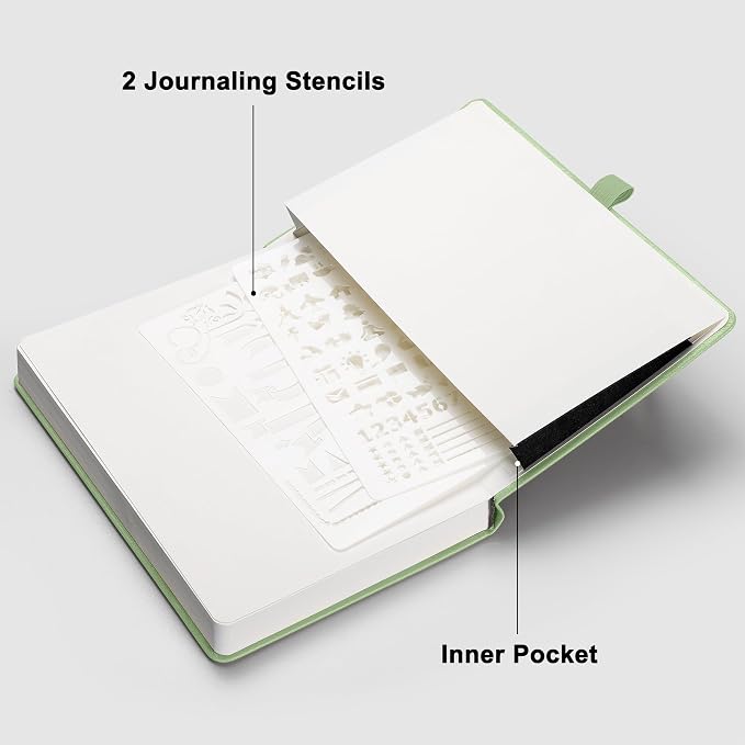 RETTACY Dotted Journal Notebook, 192 Pages, A5 Medium Size (5.7'' x 8.3''), Leather Hardcover, 100 GSM Thick Paper, for Journaling, Planning, Tracking (Light Green)