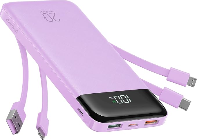 charmast 20000mAh Portable Charger with Built in Cables, 22.5W Travel Power Bank Fast Charging, USB C Cell Phone Battery Pack for iPhone 17/16/15/14/13/12 Series, iPad, Samsung, Android, Tablet