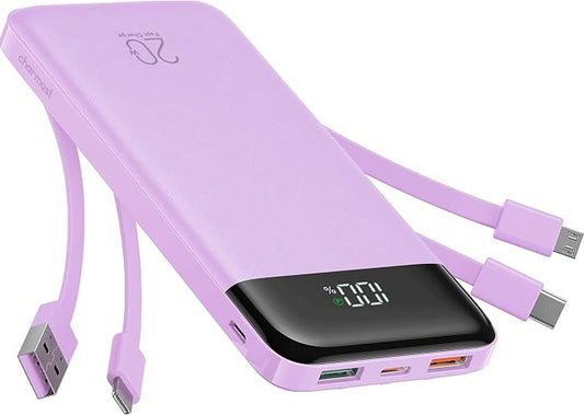 charmast 20000mAh Portable Charger with Built in Cables, 22.5W Travel Power Bank Fast Charging, USB C Cell Phone Battery Pack for iPhone 17/16/15/14/13/12 Series, iPad, Samsung, Android, Tablet