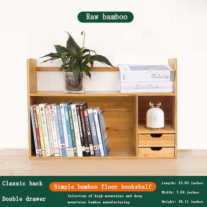 Bamboo Desktop Bookshelf 2-Tier Desk Organizer with Drawers | 22.8"x7.5"x18.1" size with rounded corners, fit office dorm bedroom; holds books & stationery, easy to assemble