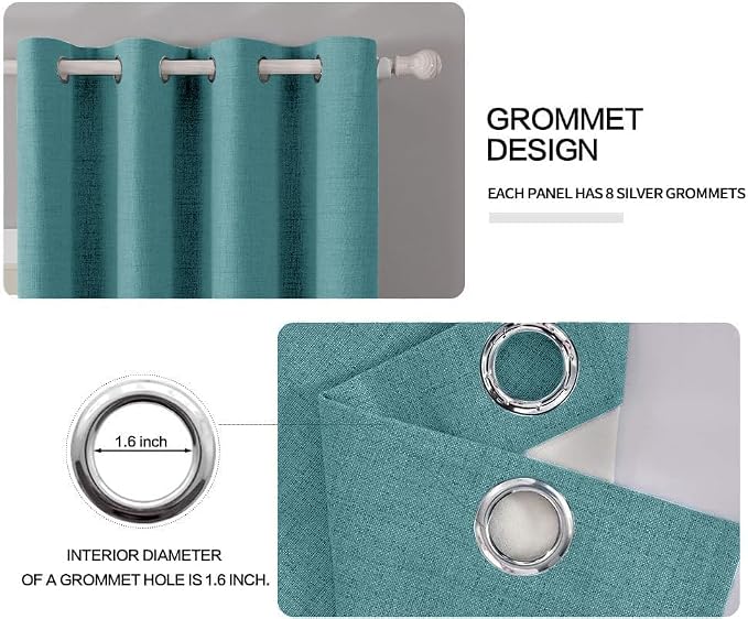 MIULEE 100% Blackout Linen Textured Curtains for Bedroom Solid Thermal Insulated Teal Grommet Room Darkening Curtains & Drapes Luxury Decor for Living Room 52 x 96 Inch (2 Panels)
