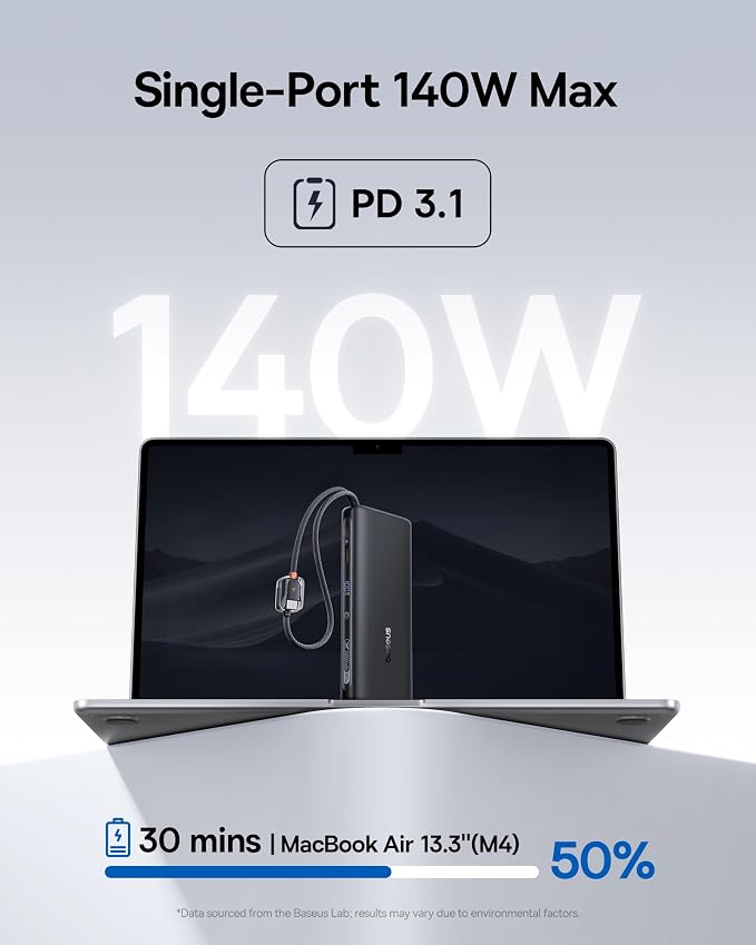 Baseus 25000mAh Power Bank, CCC Certified 145W Laptop Portable Charger with Dual Built-in USB-C Cables, PD3.1 Fast Charging Battery Pack for MacBook Pro/Air,iPhone 17/16 Series Galaxy S25/S24
