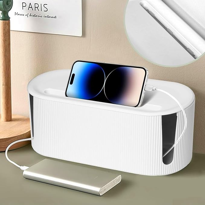Cable Management Box,Desk Cord Organizer Box with Groove Cover,Plastic Cord Hider Box,Large Cable Box Organizer for Storaging Power Socket/TV/Computer/Router/Games Console Cable (White)