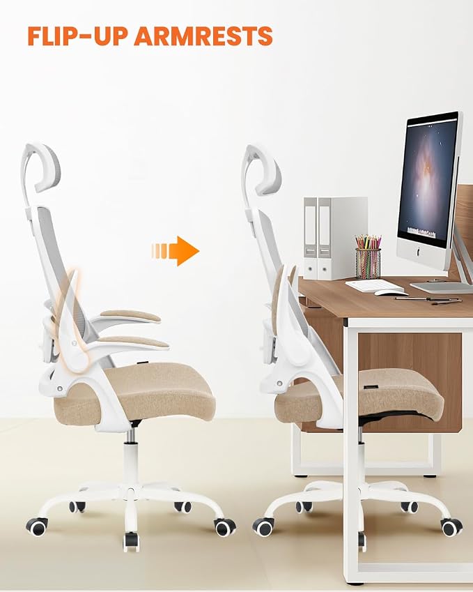 NEO CHAIR Office Chair High Back Desk Mesh Chair Comfy Computer Gaming Seat with Adjustable Ergonomic Headrest Lumbar Rolling Flip-up Armrests and Wheels (Beige)