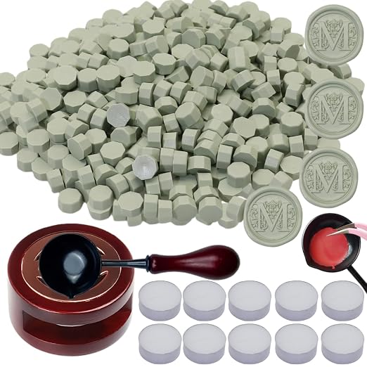 Sage Geen Sealing Wax Beads, ONWINPOR 400pcs Wax Seal Kit with Warmer, Non-Slip Spoon, Candles for Envelopes, Stamp Letter Seal,Wedding Invitations (Vanilla Green)