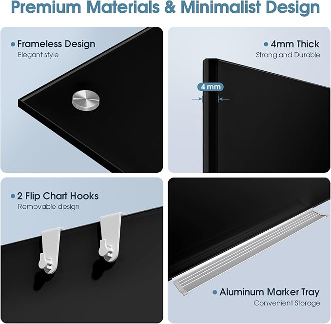 MaxGear Glass Whiteboard Tempered Magnetic Dry Erase Board 48x36 Inch Black | Magnetic Steel,Frameless Design,Smooth Writing,Ghost Free,Wall Mounted,Accessory Kits,Office Classroom Conference Room Use