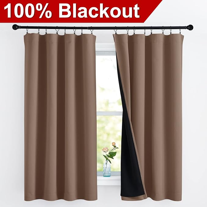 NICETOWN Total Blackout Panels for Nursery, Super Soft, Heavy Duty and Thick Window Treatment Curtains 63 inches Long with Black Lined for Basement (1 Pair, Cappuccino, 52 inches Wide Each Panel)