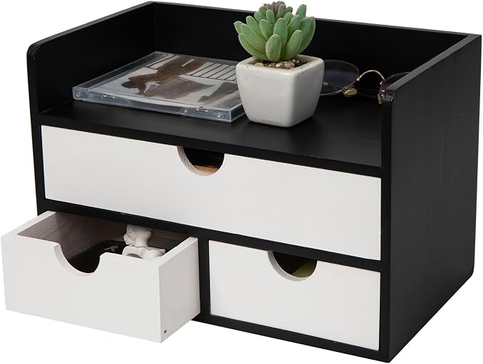 Rustic Wood Desk Organizer with Drawers,3-Drawer Desktop Storage Box | Two-Tone Black & White‌ 3 Drawers Shelf Pens, Notes, Makeup, Jewelry & Toiletries for Office, Bath Vanity Office Supplies