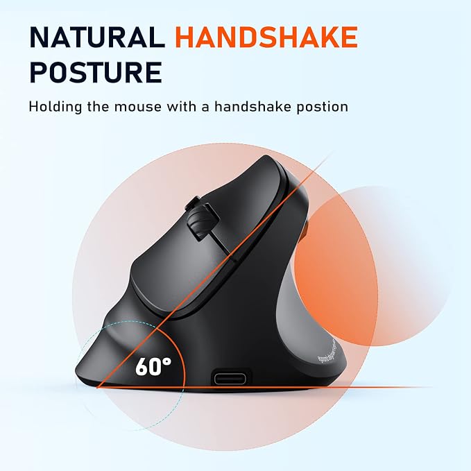 MEETION Ergonomic Mouse, Wireless Vertical Mouse RGB Backlit Rechargeable Mice for Bluetooth(5.2 + 3.0) & USB, 4 Adjustable DPI for Mac/Windows/Andriod/PC/Tablet/iPad, Black