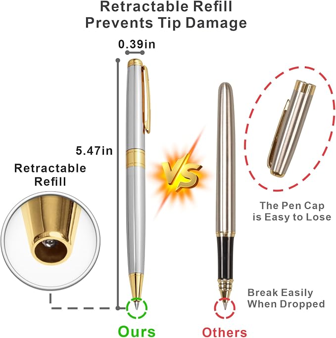 Cambond Ballpoint Pens Black Ink - Weighted Metal Twist Gold Pens for Police Uniform Flight Attendant Business, 1.0 mm Medium Point Smooth Writing, 3 Pens with 3 Refills (Gold)